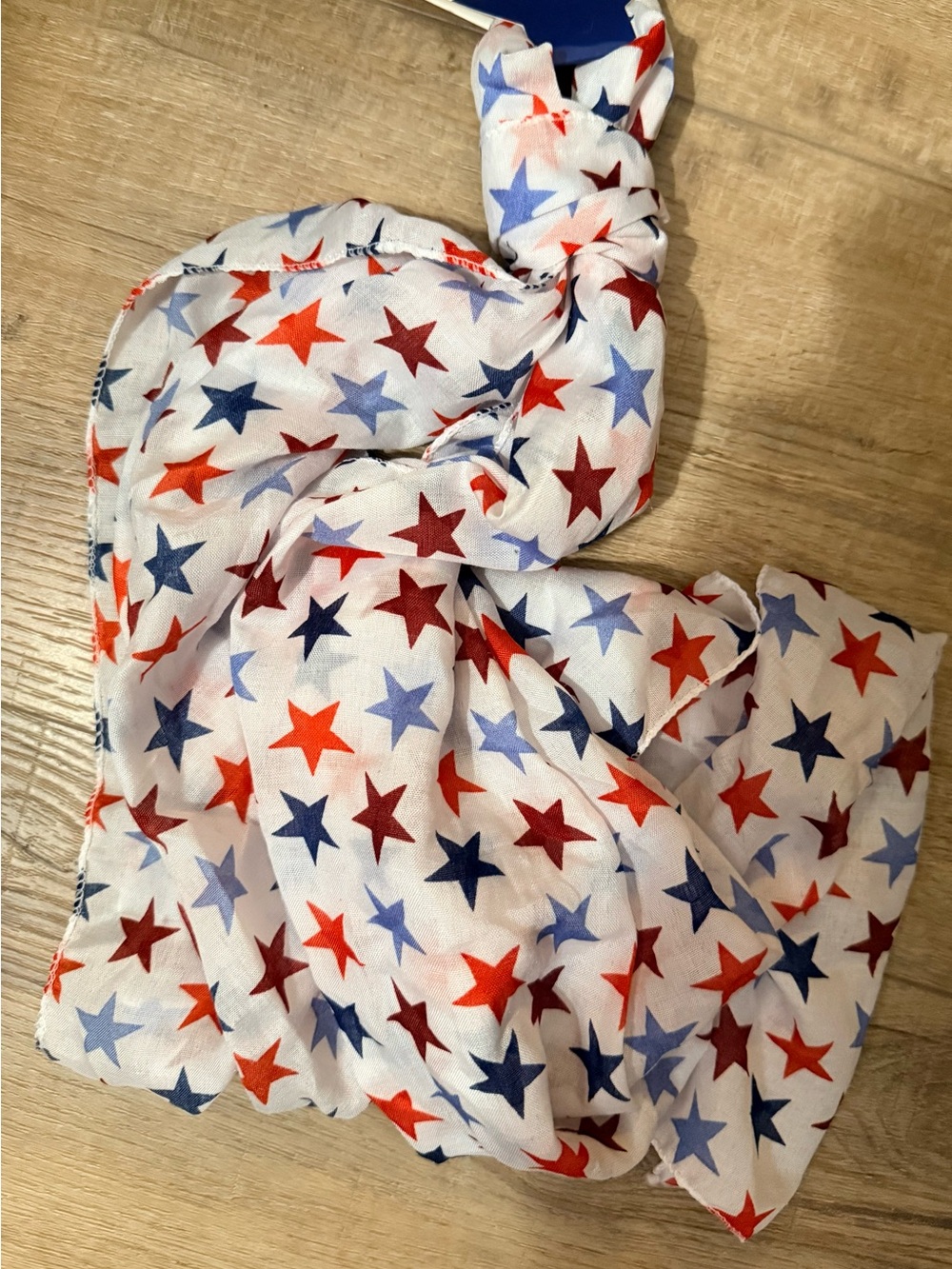 Women’s Star Print Lightweight Scarf - White w/Red & Blue Stars Sz. 63” X 13.8”